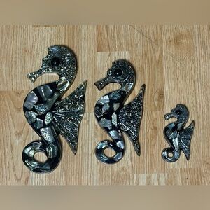 Vintage Lucite Acrylic Trio Abalone Seahorse 9.25", Black Wall Hanger